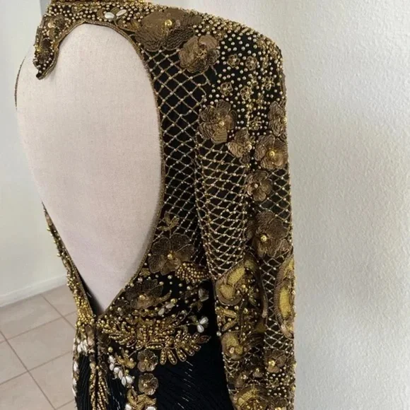 Naeem Khan Riazee Nights 80s X Open Back Slit Leg Pure Silk Long Sleeve Gown VTG - Picture 4 of 16